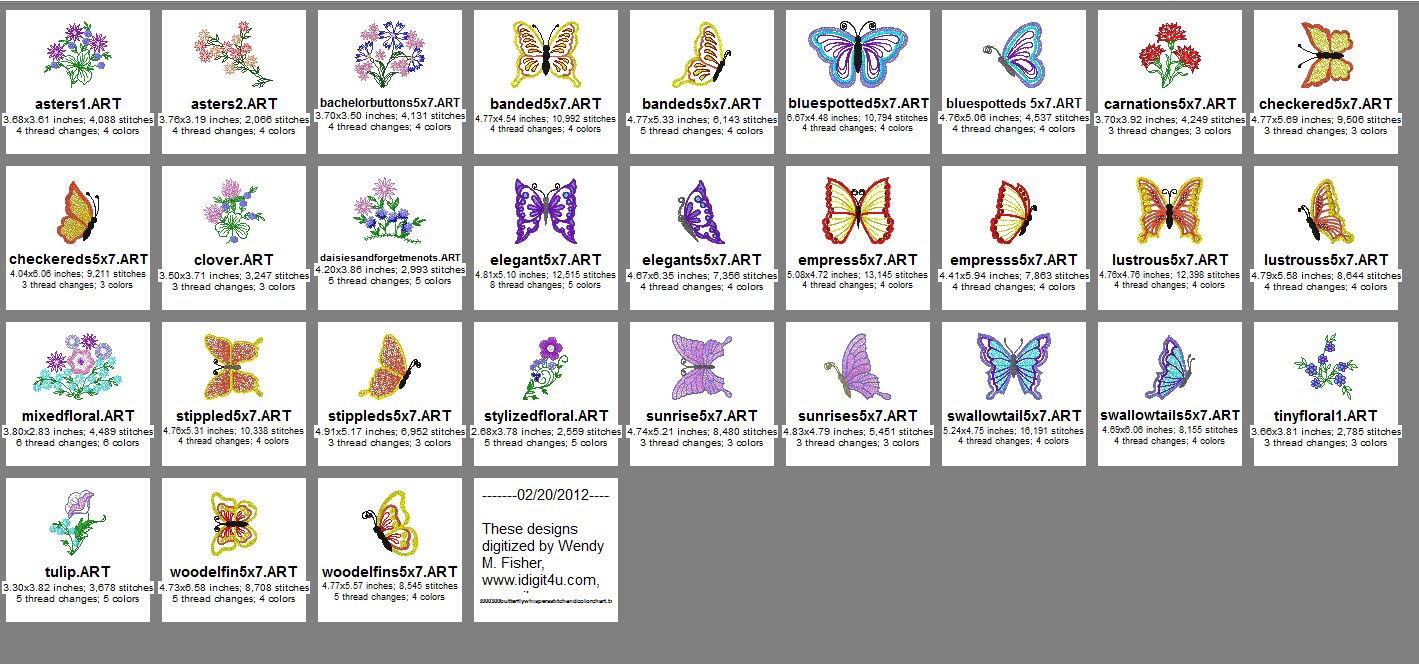 Butterfly Whispers 5x7 size chart