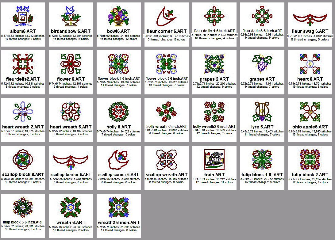 Baltimore Applique 6x6 Size Chart